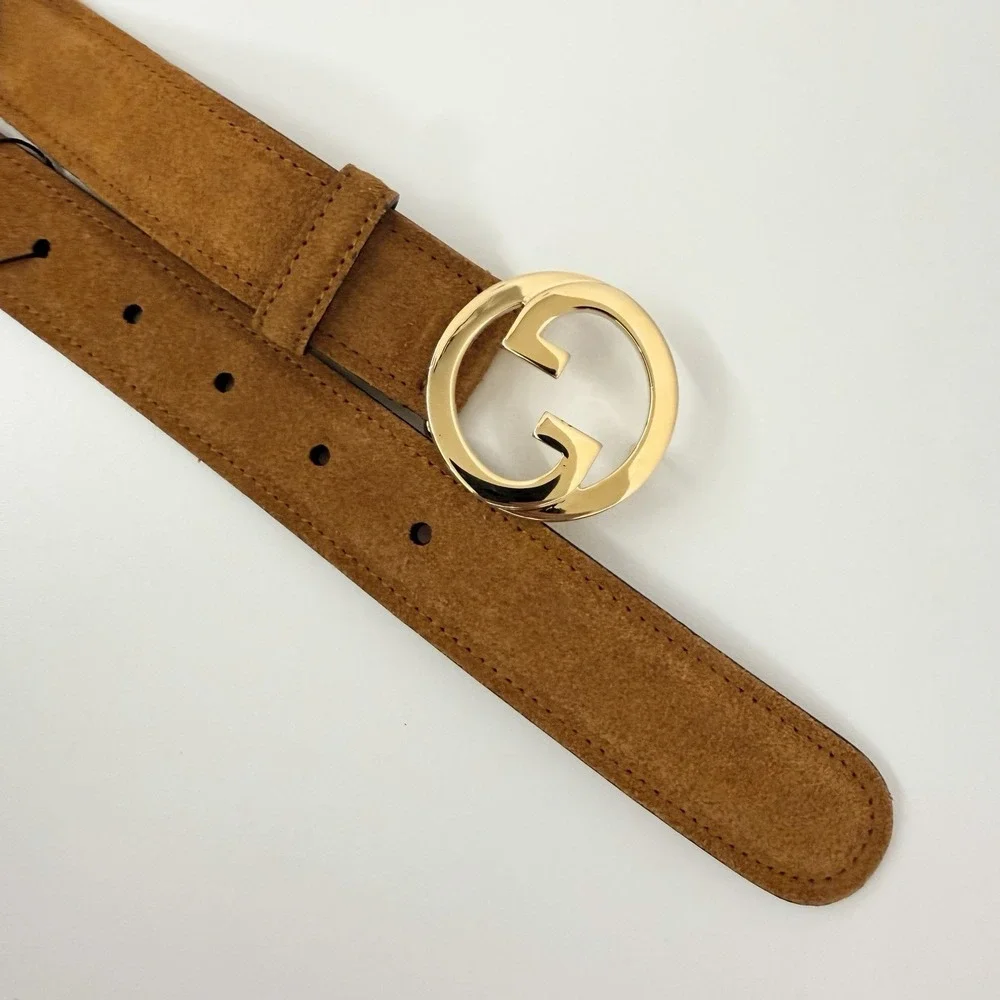 Gucci Suede Blondie Belt Cognac NWT GG Gold Interlocking Buckle Size 100